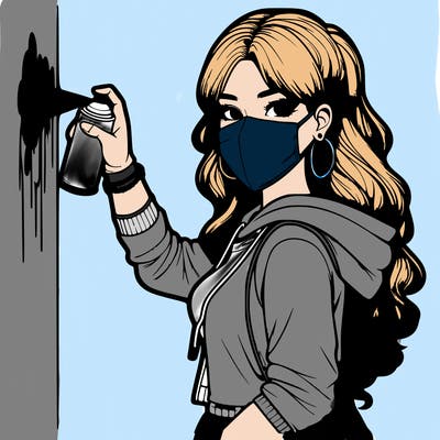 realistic girl with mask spray painting a wall