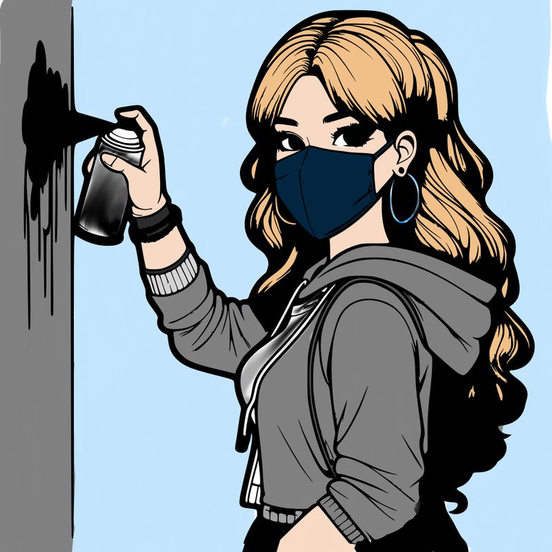 realistic girl with mask spray painting a wall