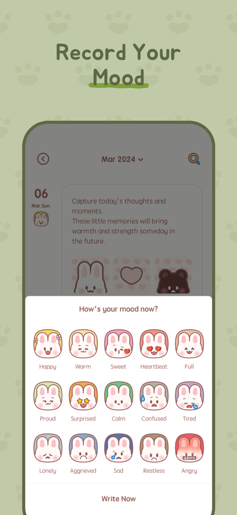 My Diary With Lock - Pantalla de selección de estado de ánimo con iconos de emoción de conejito lindo en la aplicación Mi Diario Con Bloqueo