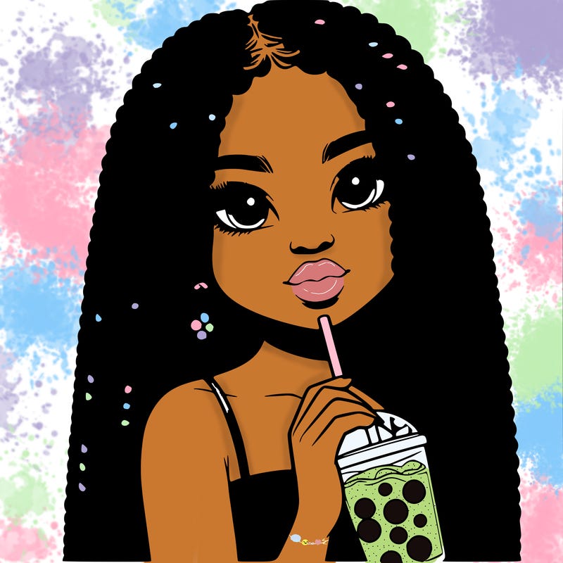 realistic girl holding a boba with braided hair