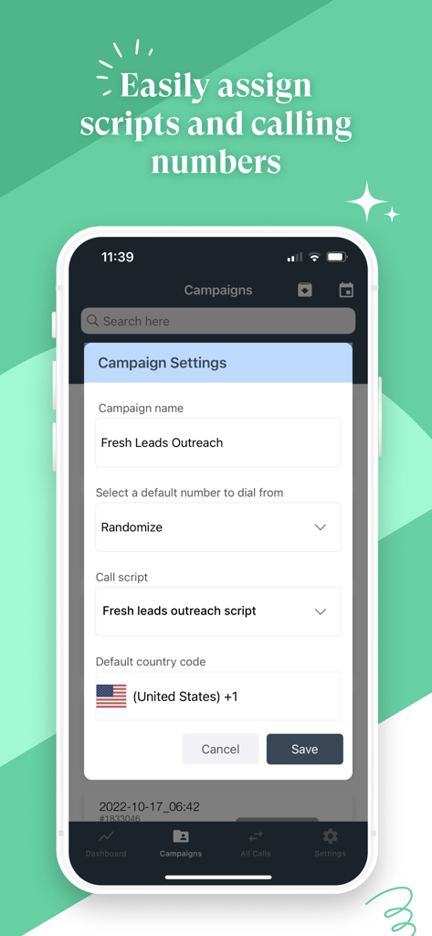 Sales Dialer by JustCall - Pantalla de la aplicación Sales Dialer que muestra la configuración de la campaña para guiones y números de marcación