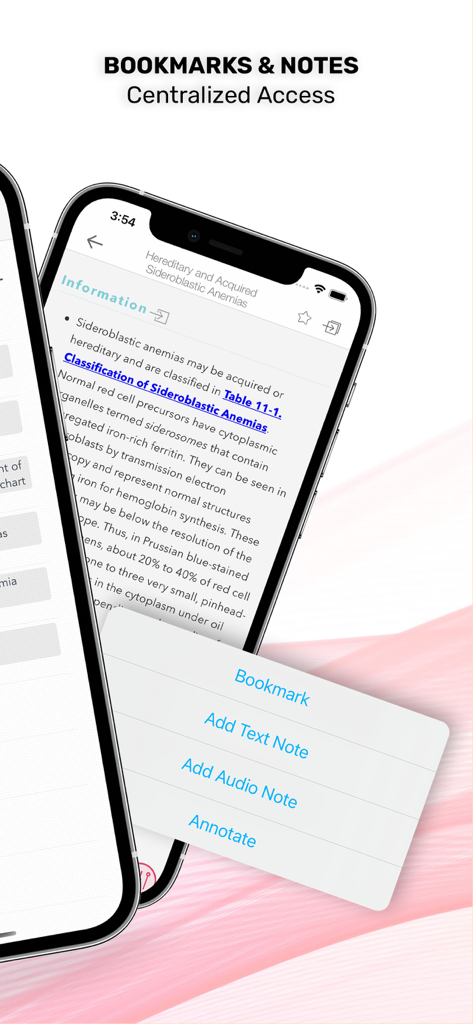 Williams Manual of Hematology - Interface of the Williams Manual of Hematology app showing bookmarking and note-taking features for medical students and professionals