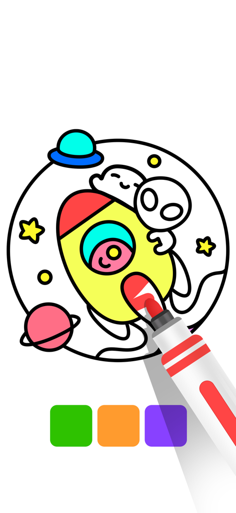 Coloring Book ASMR Drawing - A digital coloring page of a rocket and alien being colored with a red marker
