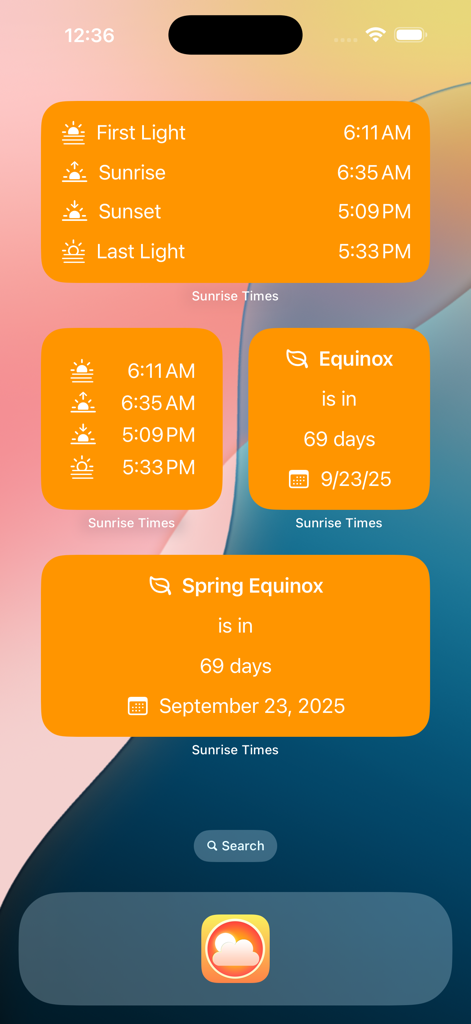 Sunrise Sunset Times - iPhone home screen with several orange widgets displaying sunrise sunset and spring equinox countdown data