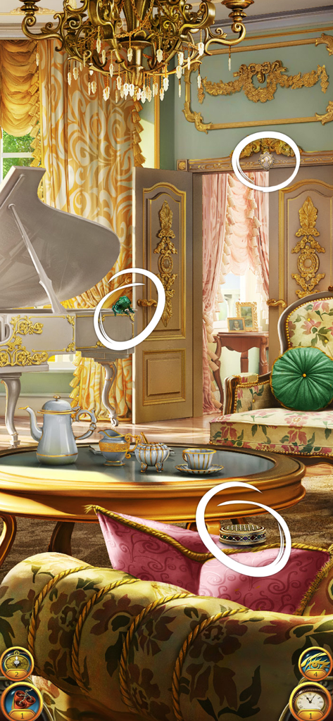 Gameplay screenshot of a hidden object search in a luxurious room with a white grand piano in The Secret Society Mystery.