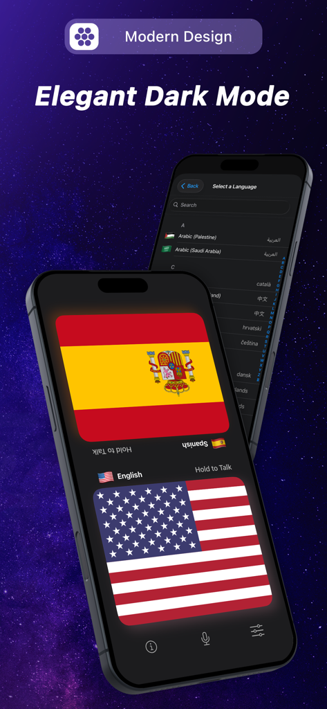 AirTranslator AirPod Translate - Two iPhones displaying the AirTranslator app interface in dark mode featuring language selection and a Spanish to English translation screen