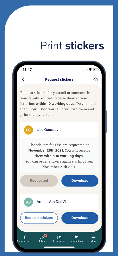 My Helan app screen showing the option to request and download health insurance stickers for family members