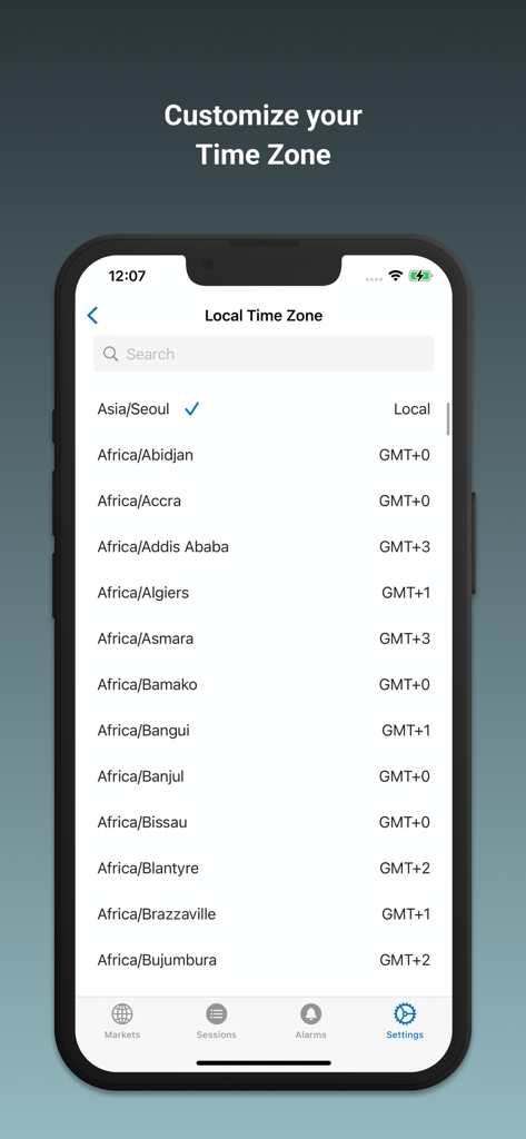 Forex Market Hours - Schermata di selezione del fuso orario locale nell'app Orari Mercato Forex