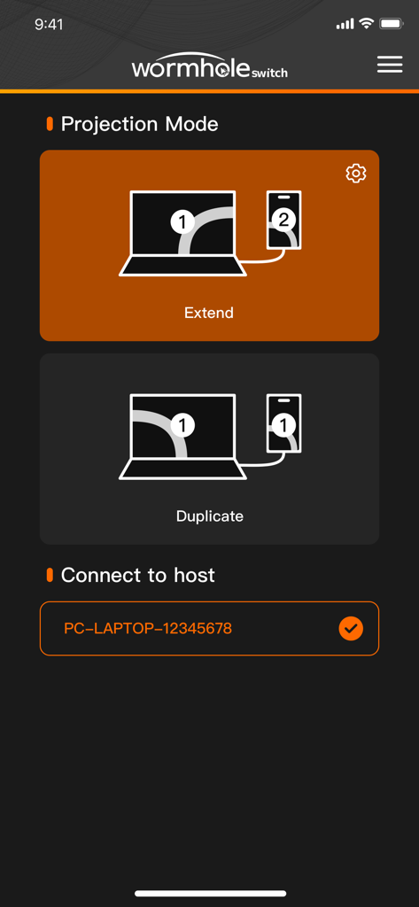 Wormhole - CrossLink - Wormhole CrossLink app interface showing projection mode options for extend and duplicate and a connected PC host