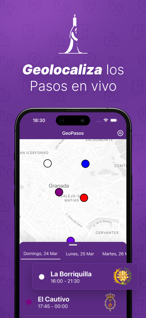 GeoPasos - Pantalla de la aplicación GeoPasos mostrando un mapa en vivo de las procesiones de Semana Santa en Granada.