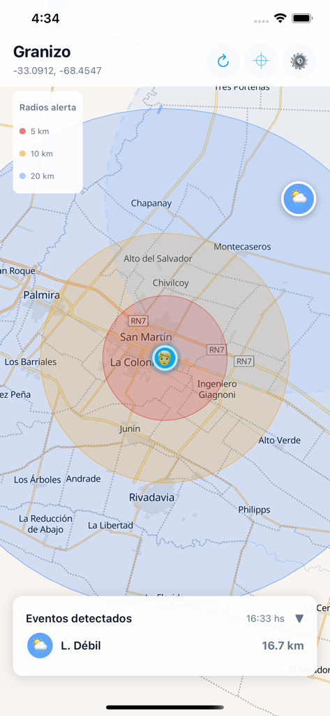 Granizo - Granizo app map interface displaying concentric hail alert radii and detected storm locations