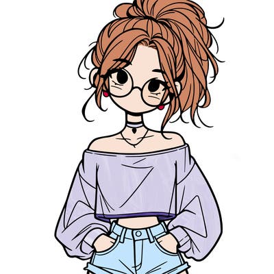 girl with a messy ponytail glasses a baggy crop top and jean shorts
