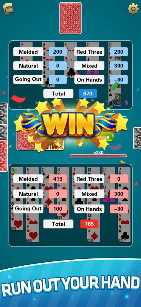 Canasta - Offline Card Game - Una pantalla de victoria en el juego de cartas Canasta que muestra un desglose detallado de la puntuación para los jugadores sobre un fondo verde azulado.