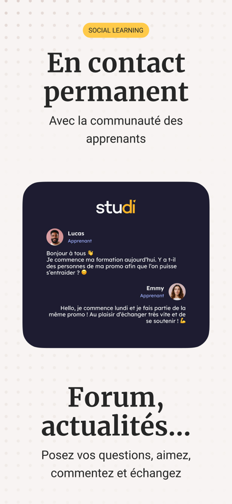 Studi - Comptalia - Écran montrant les fonctionnalités d'apprentissage social et de forum communautaire de l'application Studi.