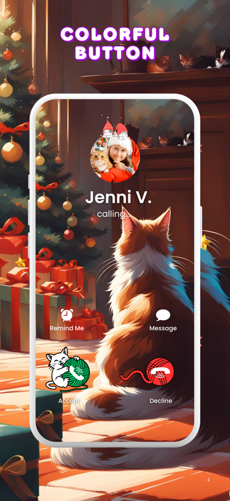 Eingehender Anrufbildschirm mit einem Weihnachtsthema, der eine Katze und benutzerdefinierte Anruftasten zeigt