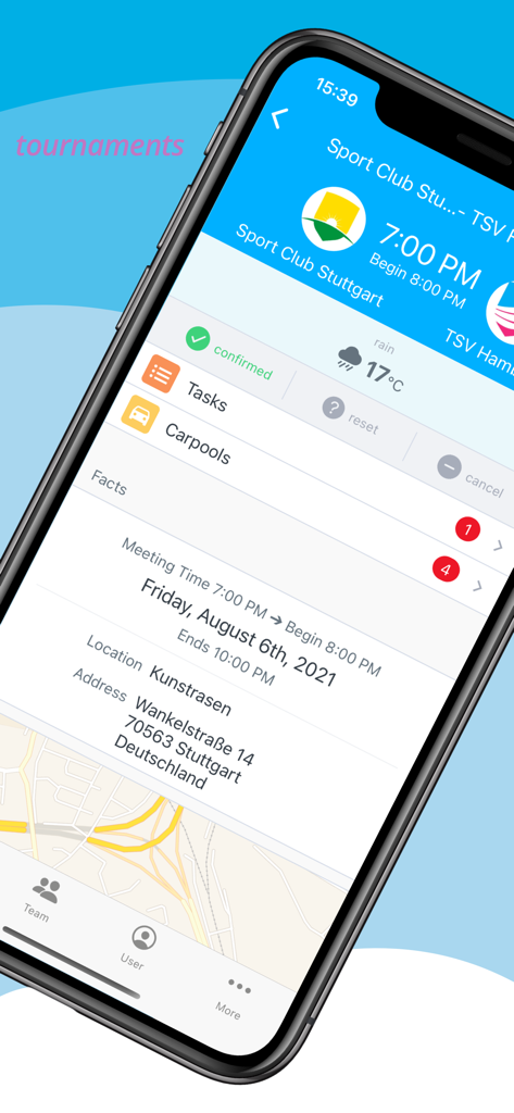 myteam App - myteam App tournament event screen showing game time location and team tasks