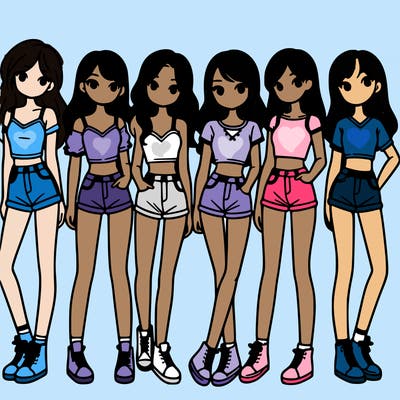 a group of girls wearing crop tops and shorts