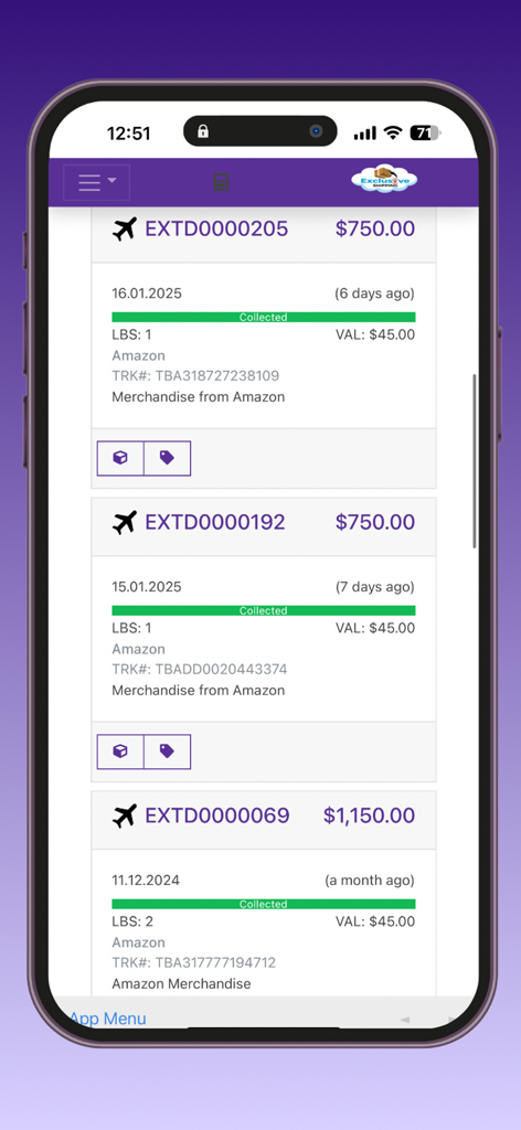 Exclusive Shipping Ja - Exclusive Shipping Ja mobile app screen displaying a list of tracked packages with status collected and shipment details