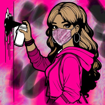 realistic girl with mask spray painting a wall
