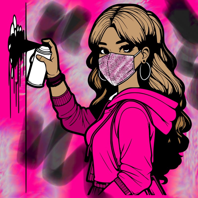 realistic girl with mask spray painting a wall