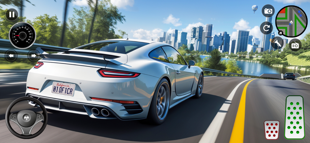 Car Driving Simulator Game - White sports car driving on a coastal road with a city skyline background in a driving simulator game.