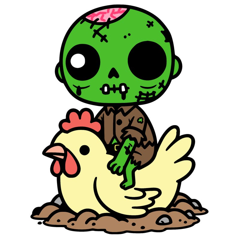 a cute zombie sitting on a cute chicken