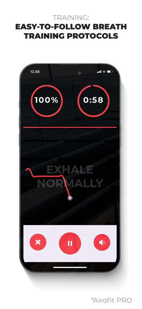 Airofit - Airofit app screen showing a guided breathing exercise with a timer and live feedback graph