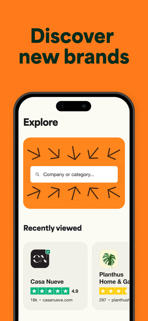 Trustpilot app interface showing the brand discovery screen with a search bar and recently viewed company ratings.