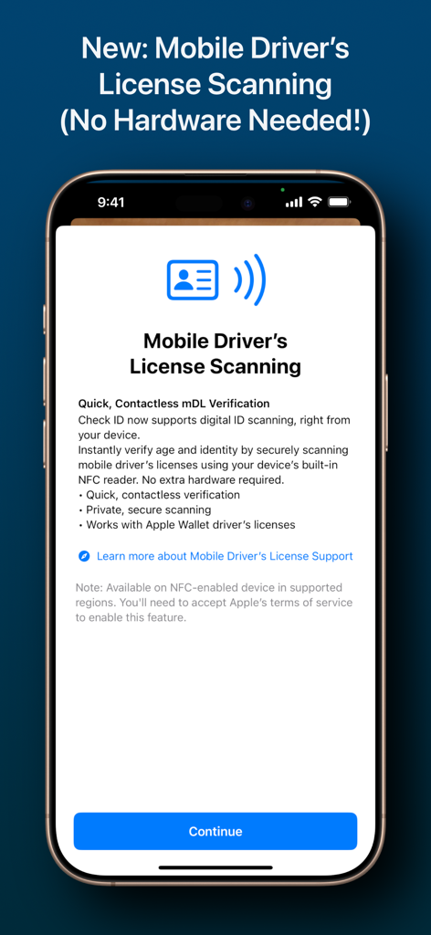 Mobile driver's license scanning interface for contactless identity verification.