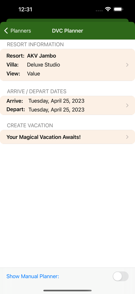 DVC Planner interface for selecting resort info and travel dates for a Disney vacation.