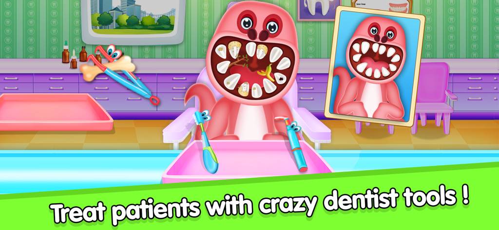 Dino Care Games - Daycare - 恐竜の歯科医の道具で歯科治療を受けているピンクの恐竜の患者