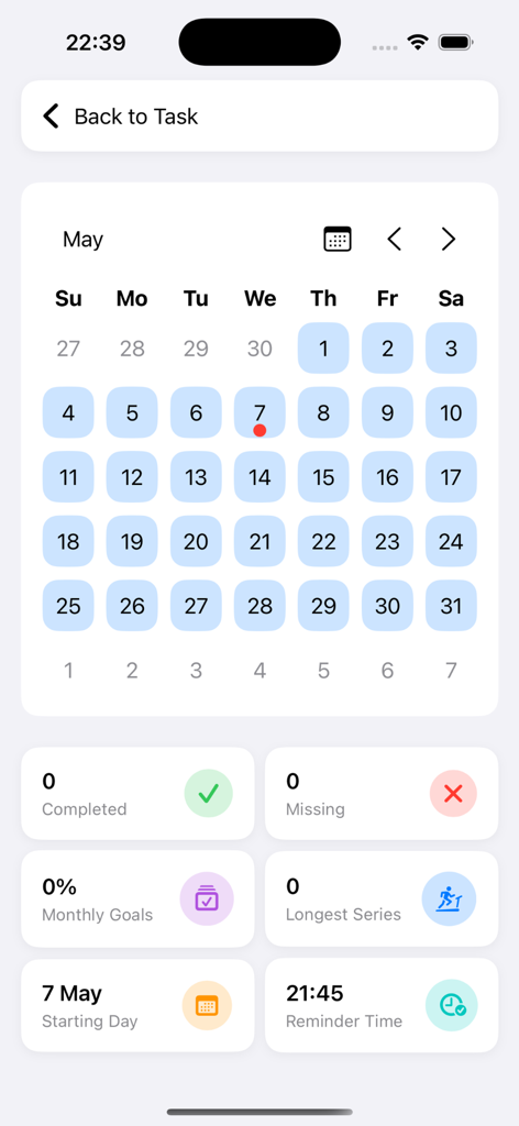 Habitify: Goals Tracker - Habitify Goals Trackerアプリの月間カレンダービューと習慣追跡統計ダッシュボード