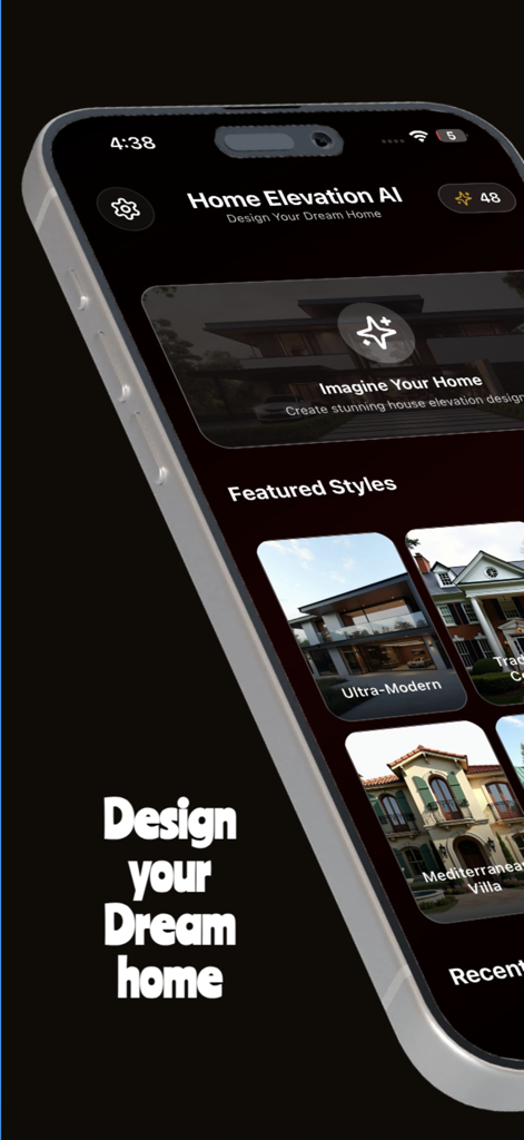 Home Elevation AI - Home Elevation AI App-Oberfläche, die vorgestellte Architekturstile wie Ultra-Modern und Mediterranean Villa für Hausdesign anzeigt.