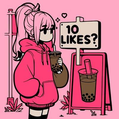 girl with oversized hoodie drinking boba and she has a high ponytail with a sign that says 10likes?