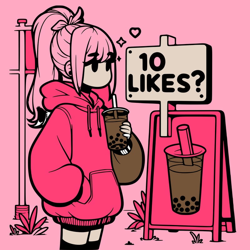 girl with oversized hoodie drinking boba and she has a high ponytail with a sign that says 10likes?