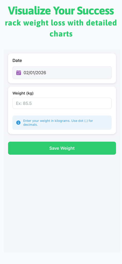 A weight entry interface in the Mounjaro Care app featuring fields for date and weight in kilograms