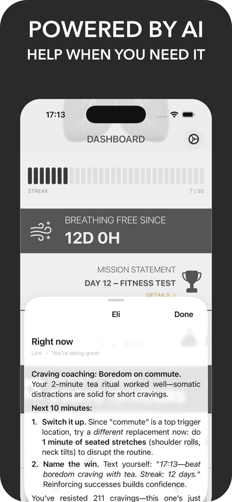 Eleos app dashboard featuring a 12 day smoke free streak and AI powered craving coaching