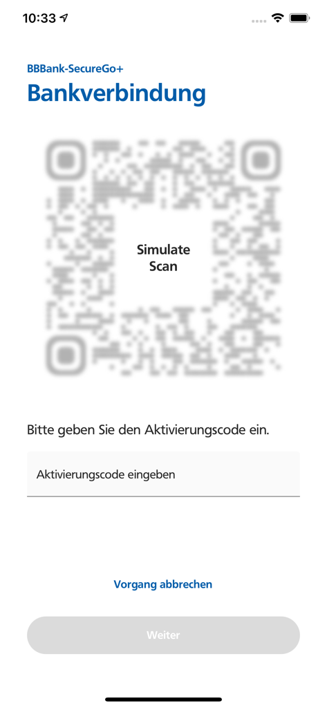 BBBank SecureGo+ - Bildschirm zur Bankverbindung und Aktivierung der BBBank SecureGo plus