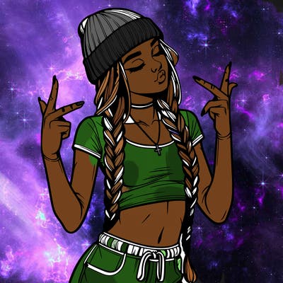 realistic teenage girl with braids and a beanie and crop top doing 🫶🏼