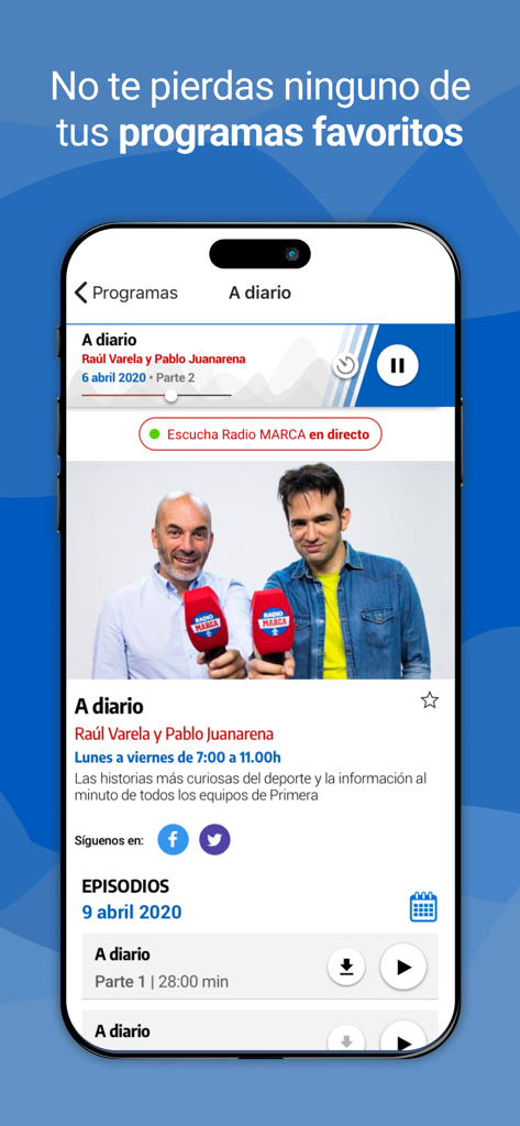 Interface do aplicativo Radio MARCA mostrando o programa de rádio esportivo A Diario com uma lista de episódios e controles de reprodução