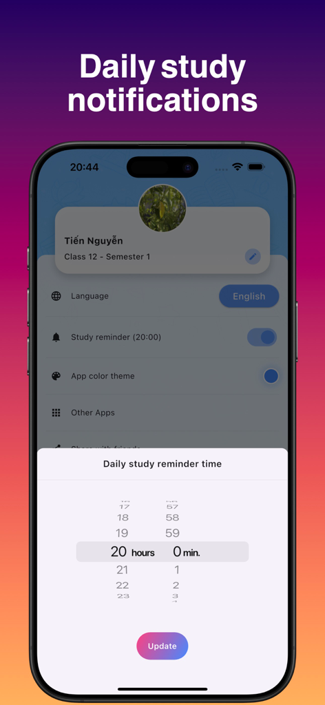 myGrade: Student Grade Report - Interface of the myGrade app showing the setup for daily study notifications with a time picker