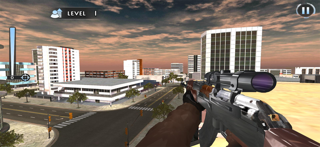 Sniper Shooter Soldier Strike - First person view of a sniper aiming over an urban city street