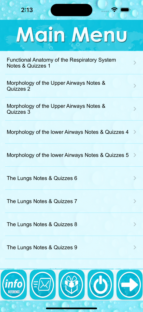 Main menu screen of the Respiratory System Nursing Q&A app featuring a list of study topics including anatomy morphology and lung quizzes