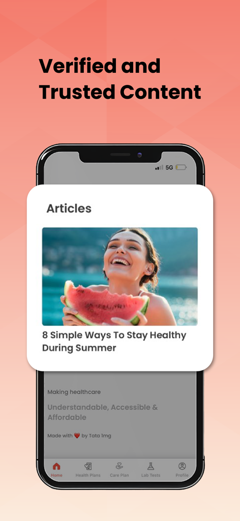 Tata 1mg app interface showing verified and trusted health articles and tips