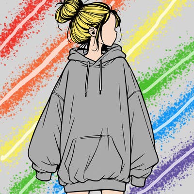 realistic girl with a oversized sweatshirt on and a bun