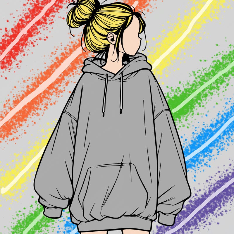 realistic girl with a oversized sweatshirt on and a bun
