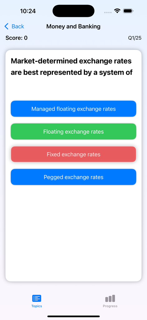 MBA Question Bank - Una domanda a scelta multipla su tassi di cambio all'interno dell'app MBA Question Bank che mostra feedback istantaneo per le risposte.