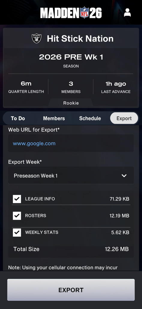 Madden NFL 26 Companion - Madden NFL 26 Companion app league export screen showing roster and stat options