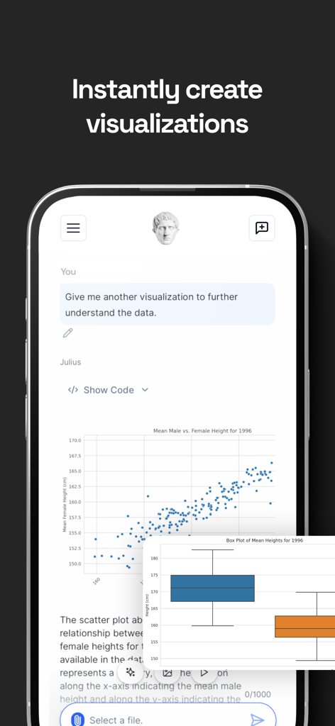 Julius AI: Data & Math Helper - Une interface mobile de Julius AI montrant un nuage de points et un diagramme en boîte générés automatiquement à partir d'une demande de l'utilisateur.