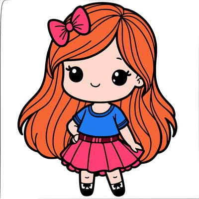 a little girl with long hair, a t shirt and a skirt with a bow on her head
